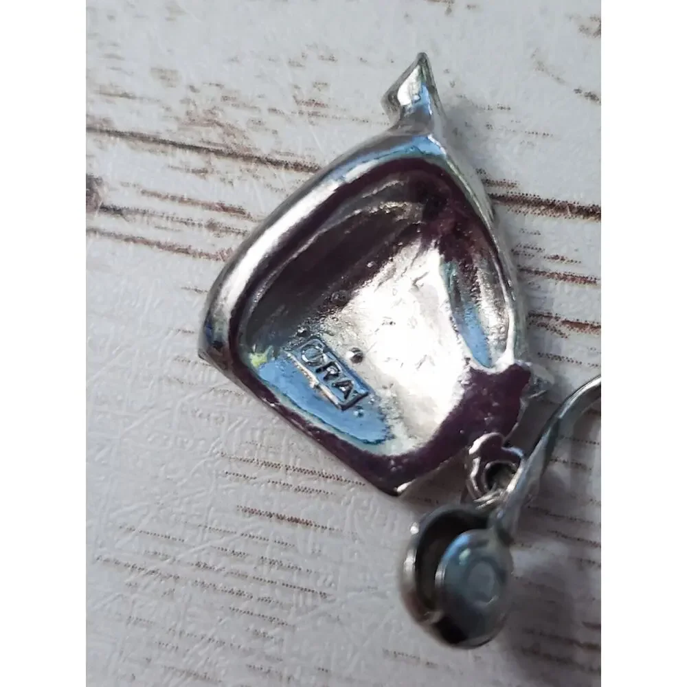 Vintage Clip On Earrings - Silver Tone & Clear Gem - Stamped RA
